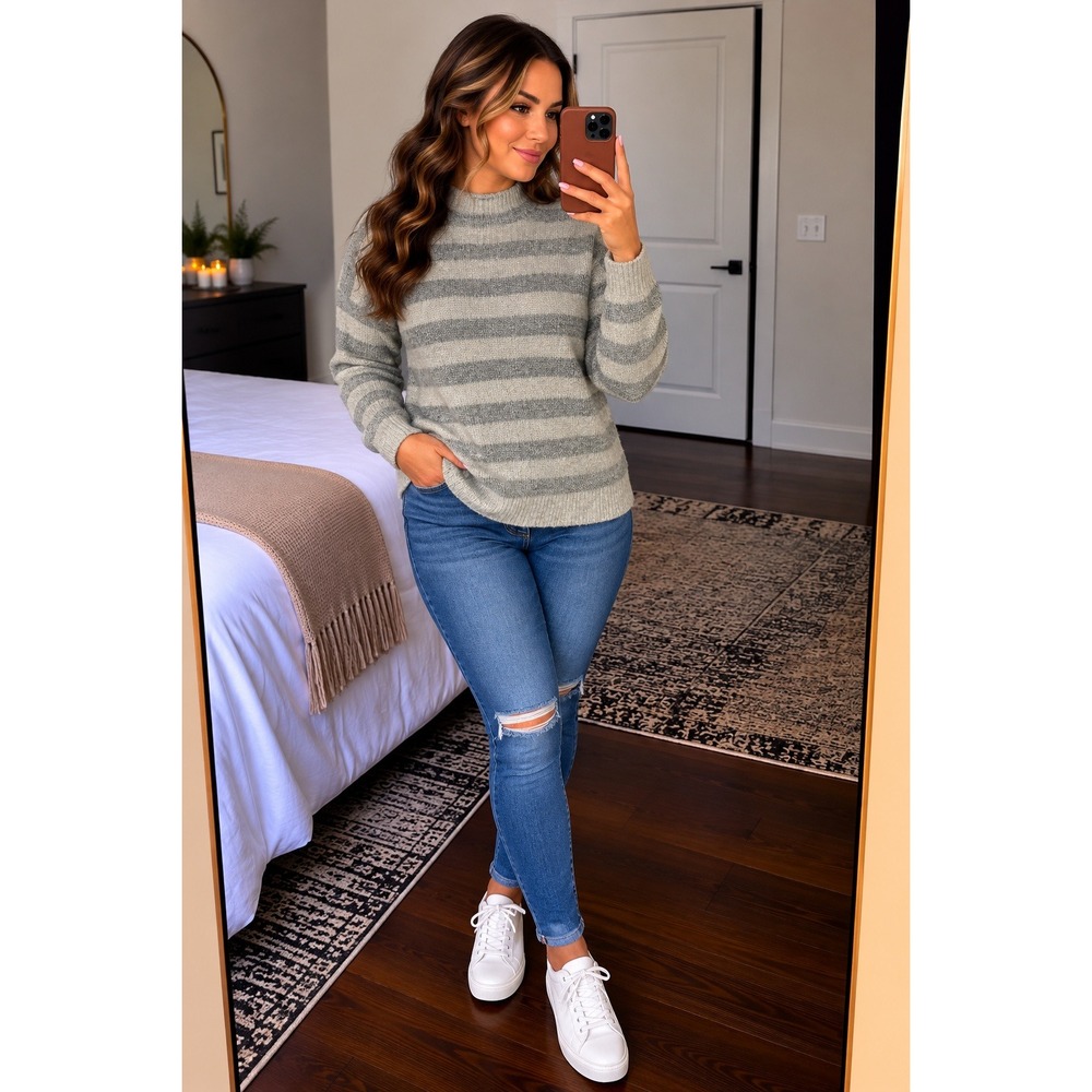 American Eagle Grey Striped Mock Neck Drop Shoulder Knit Sweater Small